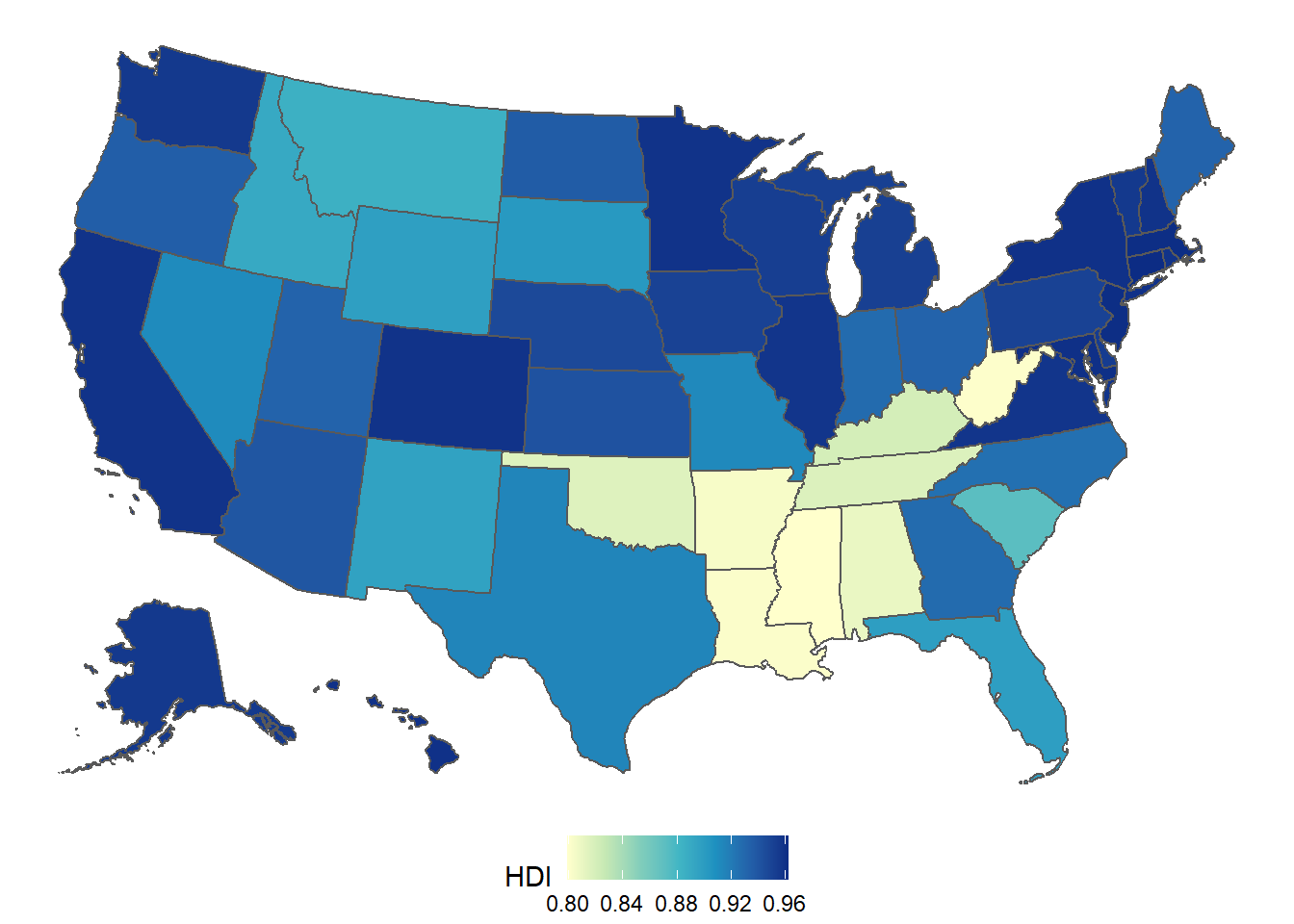 Map that appeared on the internet of the so-called ``Human Development Index,'' ranking the 50 states and Washington, D.C., from PlatypeanArchcow (2009).