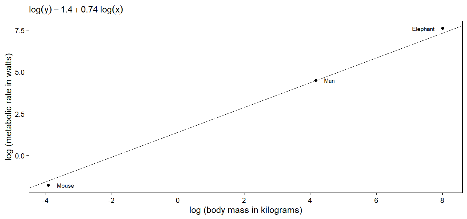 Fitted curve of metabolic rate vs. body mass of animals, on the log-log and untransformed scales. The difference from the elephant’s metabolic rate from its predictive value is relatively small on the logarithmic scale but large on the absolute scale.