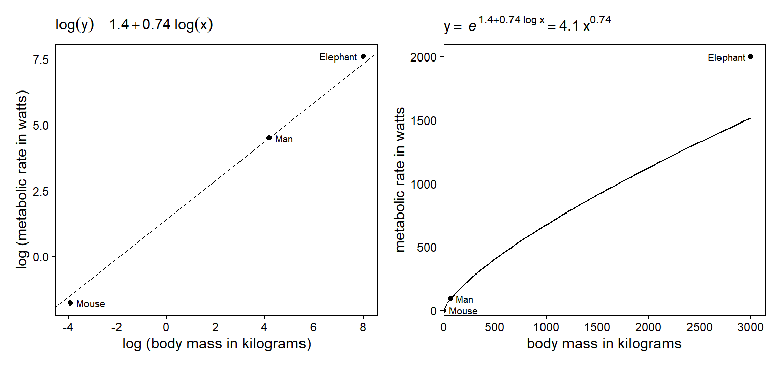 Fitted curve of metabolic rate vs. body mass of animals, on the log-log and untransformed scales. The difference from the elephant’s metabolic rate from its predictive value is relatively small on the logarithmic scale but large on the absolute scale.